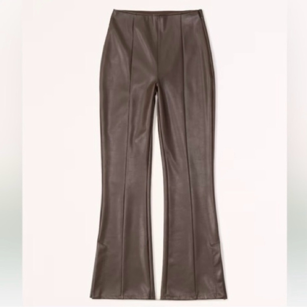 Abercrombie & Fitch Split-Hem Vegan Leather Curve Love Slim Flare Pant Brown - Picture 1 of 13